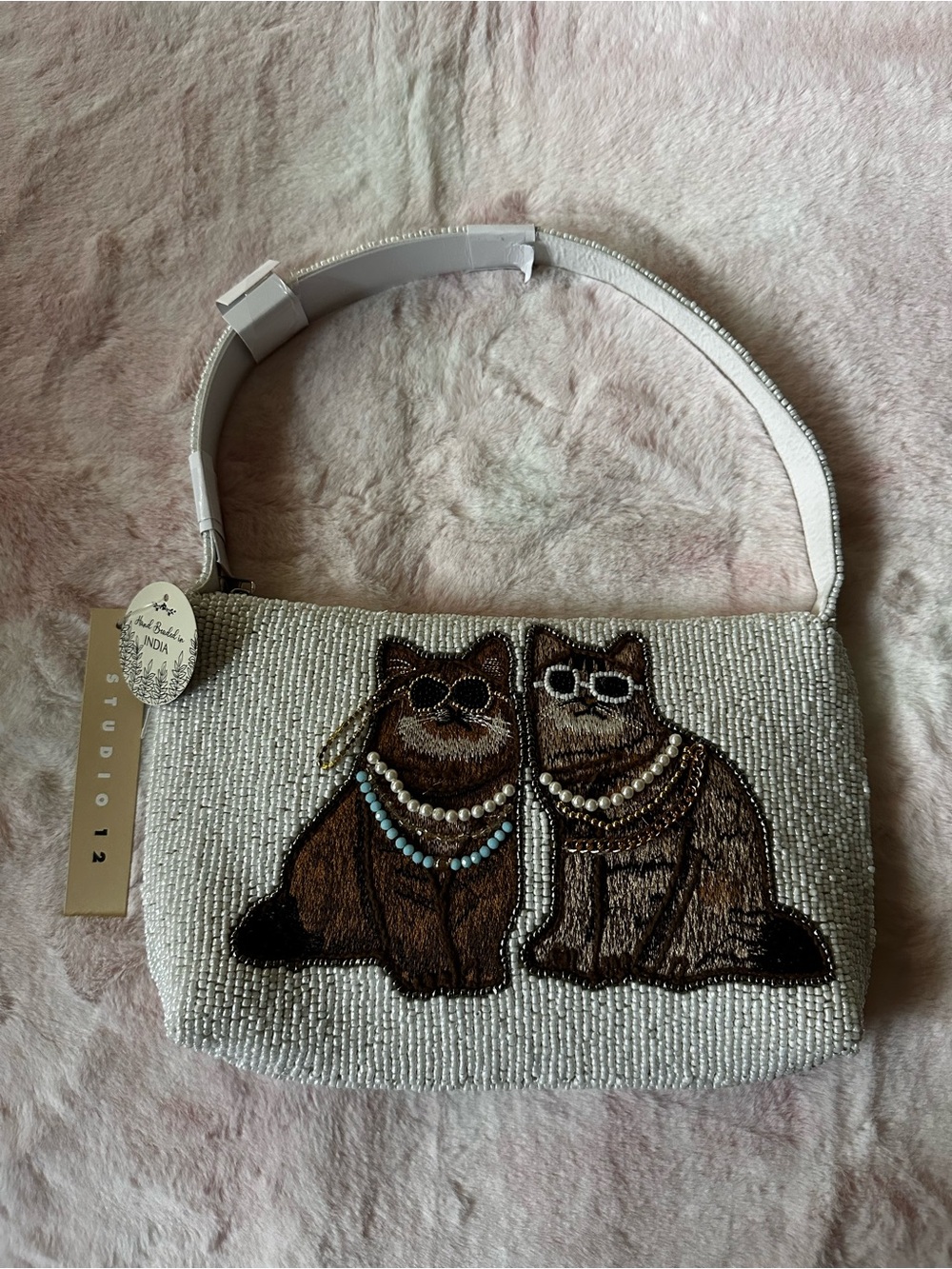 Beaded Cat Couple Embroidered Shoulder Purse Bag NWT